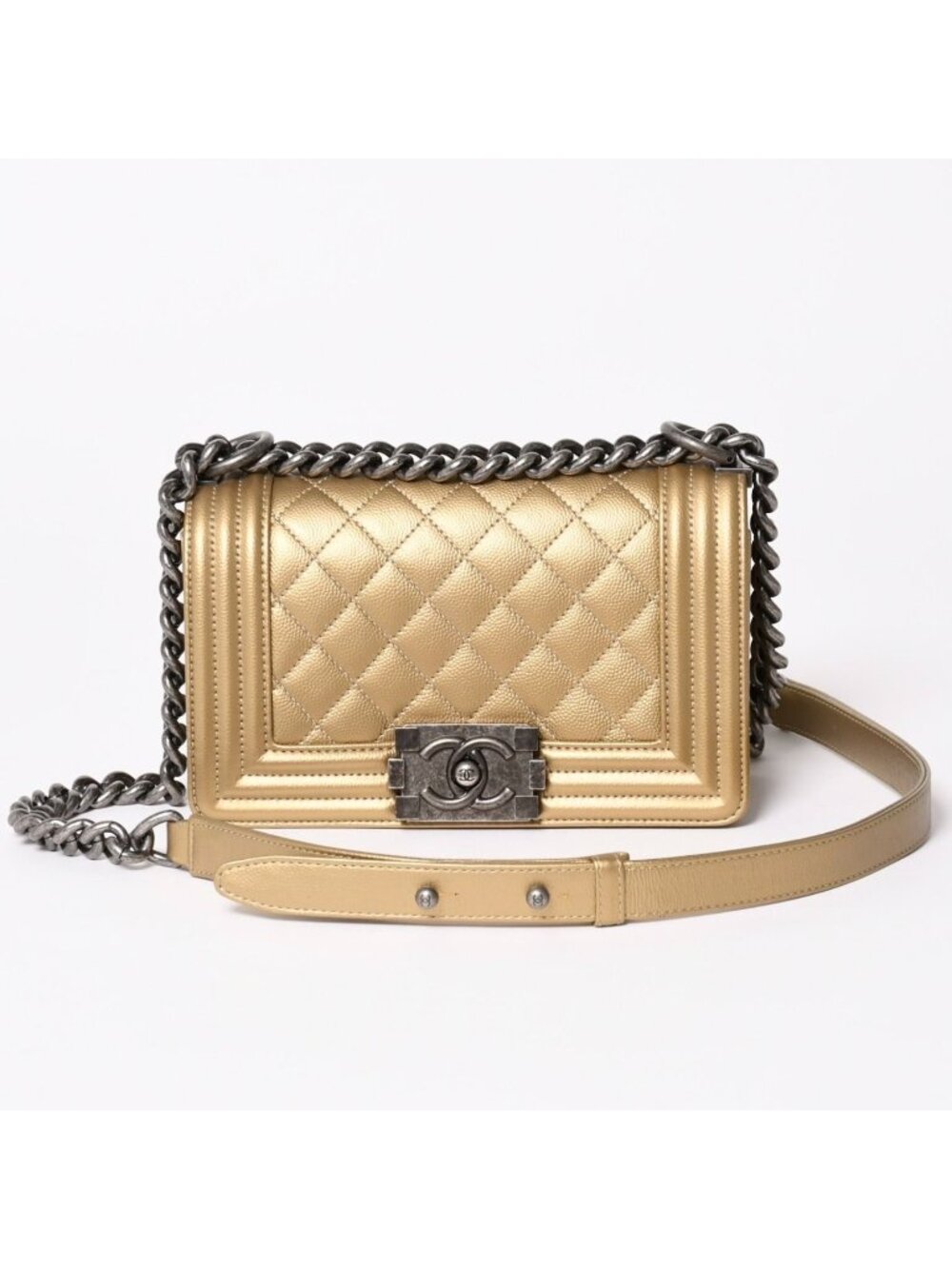 Chanel Boy Shoulder Bag Caviar Leather Metal Gold Mud Black